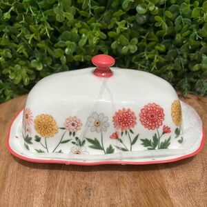 Potter’s Studio NWT Floral Ceramic Butter Dish with Coral Trim